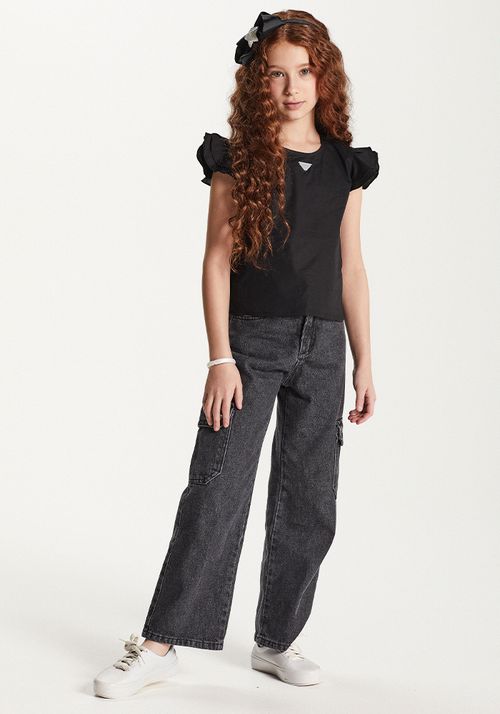 CALÇA WIDE LEG JEANS COM BOLSO NA LATERAL