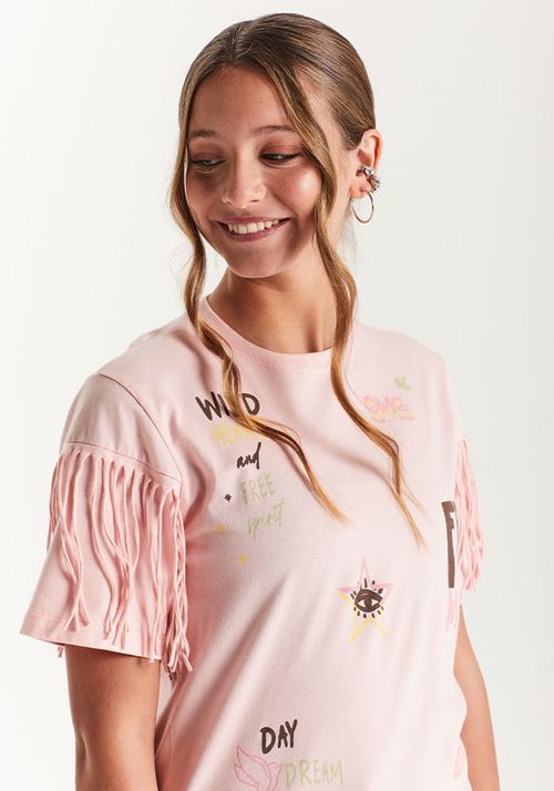 CAMISETA OVERSIZED EM MALHA C/ ESTAMPA E FRANJAS