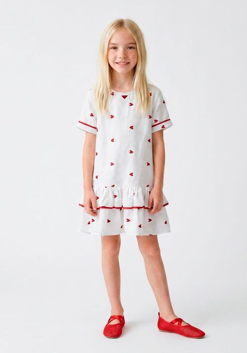 Vestido Infantil Em Voal de Algodão bordado de Corações