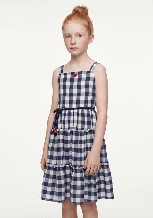Vestido Infantil em Tricoline Xadrez com Amarração na Cintura