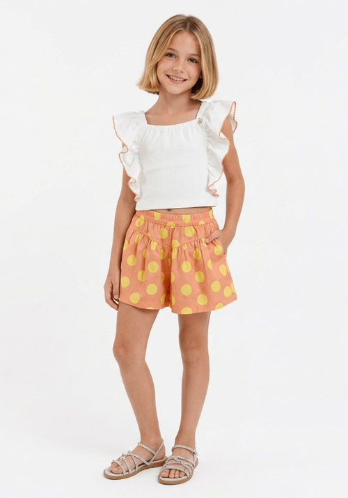 Conjunto Infantil com Blusa Canelada com Babados e Short em Tricoline Estampada